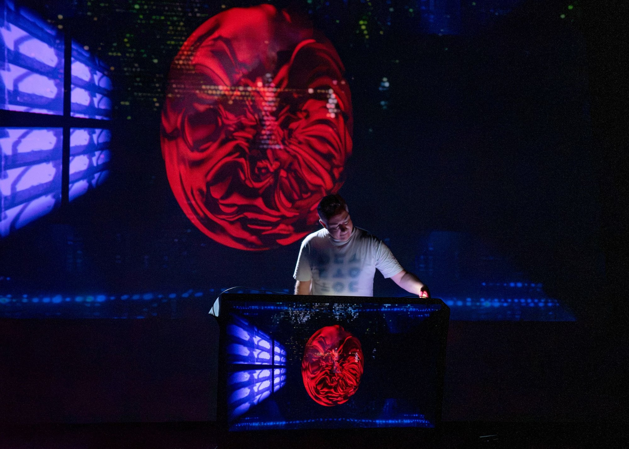 Steve Gibson performing Control System Interference at 404 Festival, with a projected red face behind and on the front of the desk